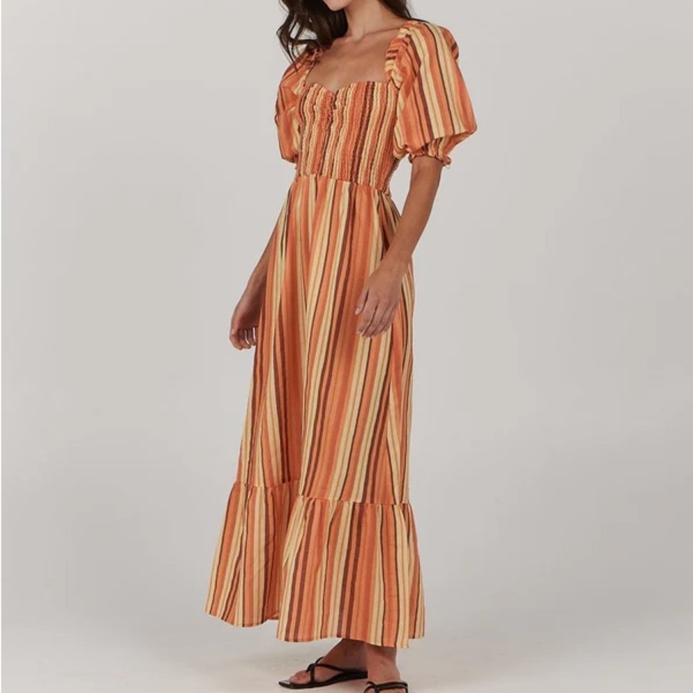 Charlie Holiday Coastal Midi Dress‎ Linen Blend Orange Stripes Women’s 8, Large